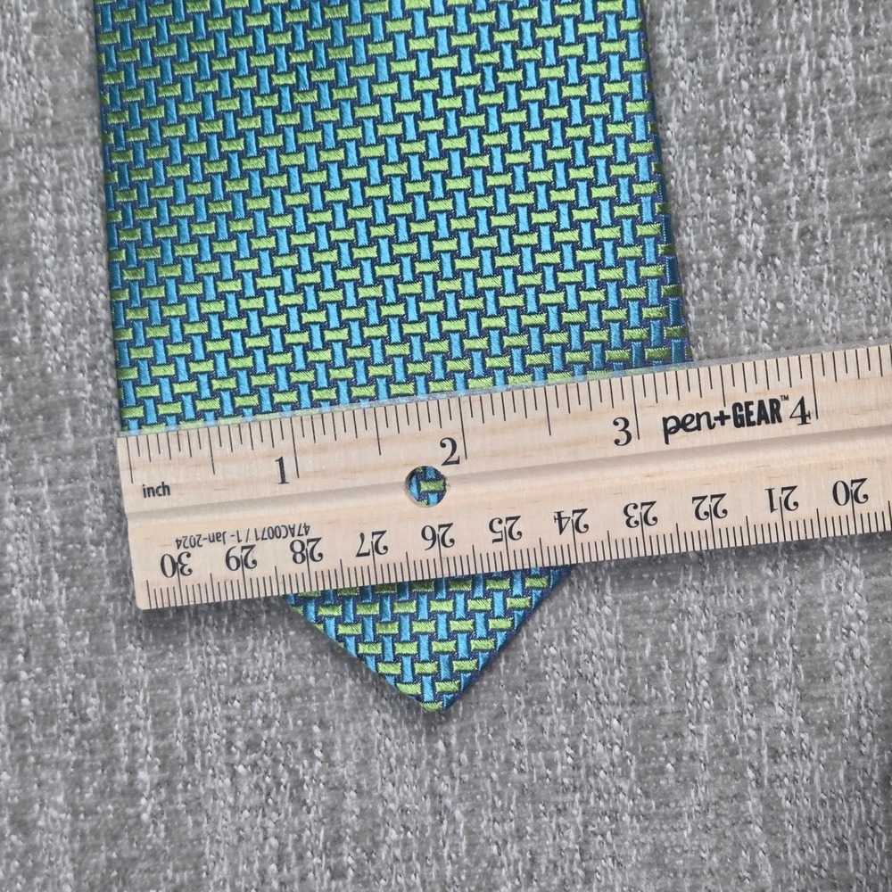 Ted Baker London Mens Silk Jacquard Tie Blue Green Geometric Basketweave Pattern - Picture 5 of 5